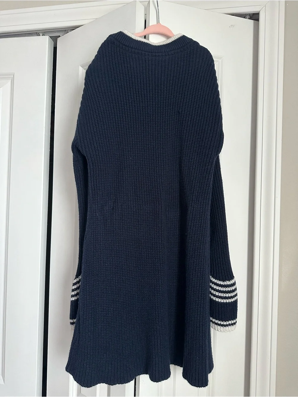 S (7/8)Girls-Tommy Hilfiger Navy Knit Bell-Sleeve Sweater Dress with White Trim
